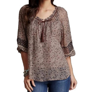 Joie 100% Silk Boho Peasant Blouse Brown Floral Print Size XS with Cami
